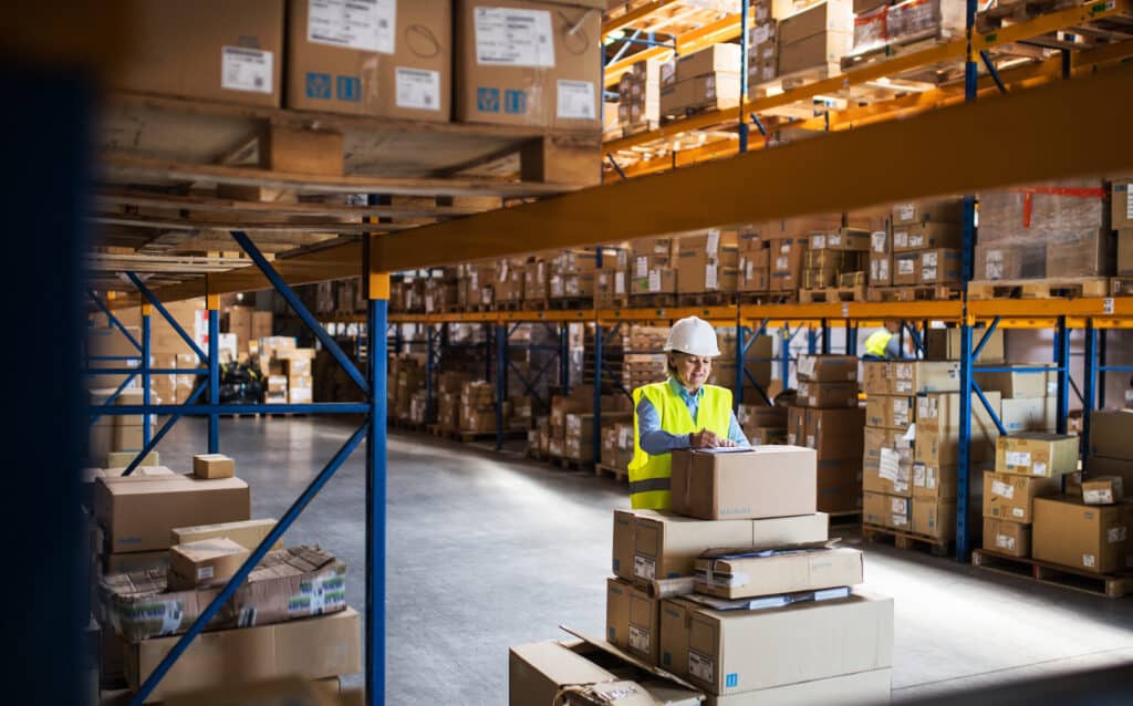 woman preparing black friday orders in a warehouse