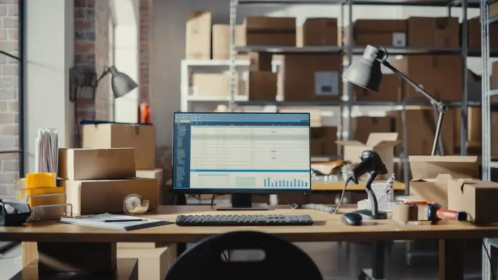 Ecran d'ordinateur dans un entrepôt logistique avec suivi des KPI supply chain