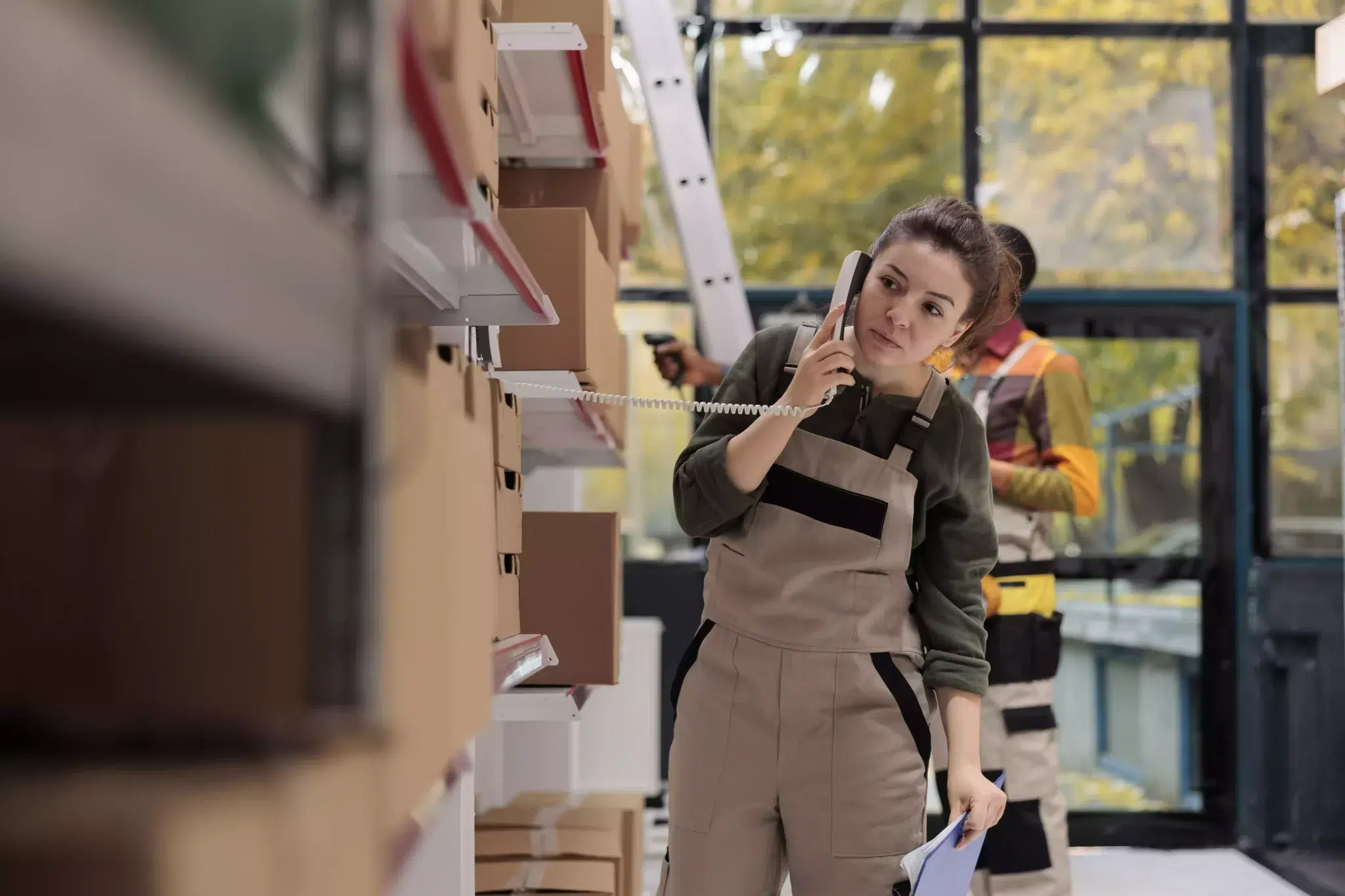 A woman on the phone leans over to look at merchandise in a warehouse