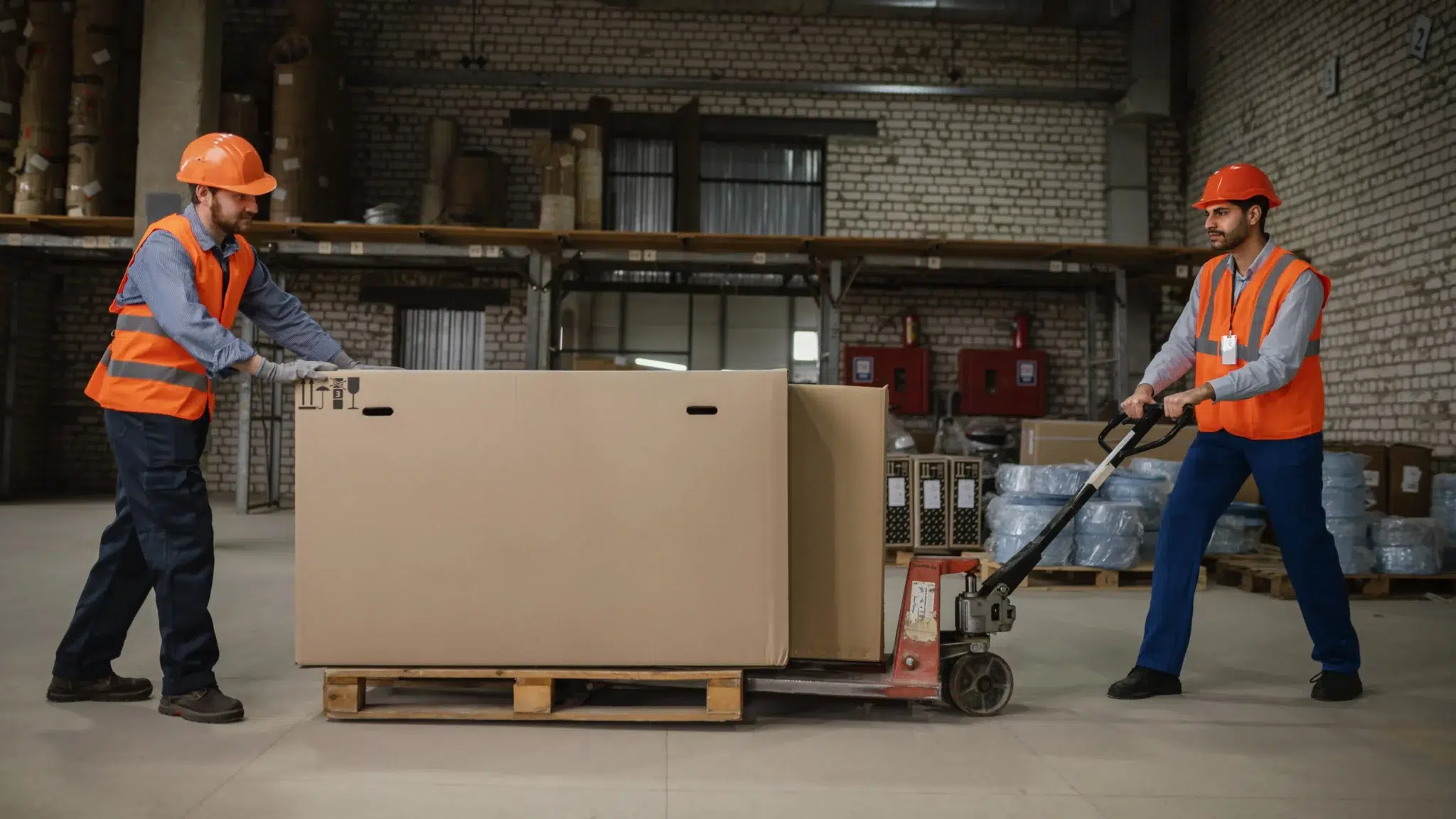 two men moving pallets in a logistics warehouse