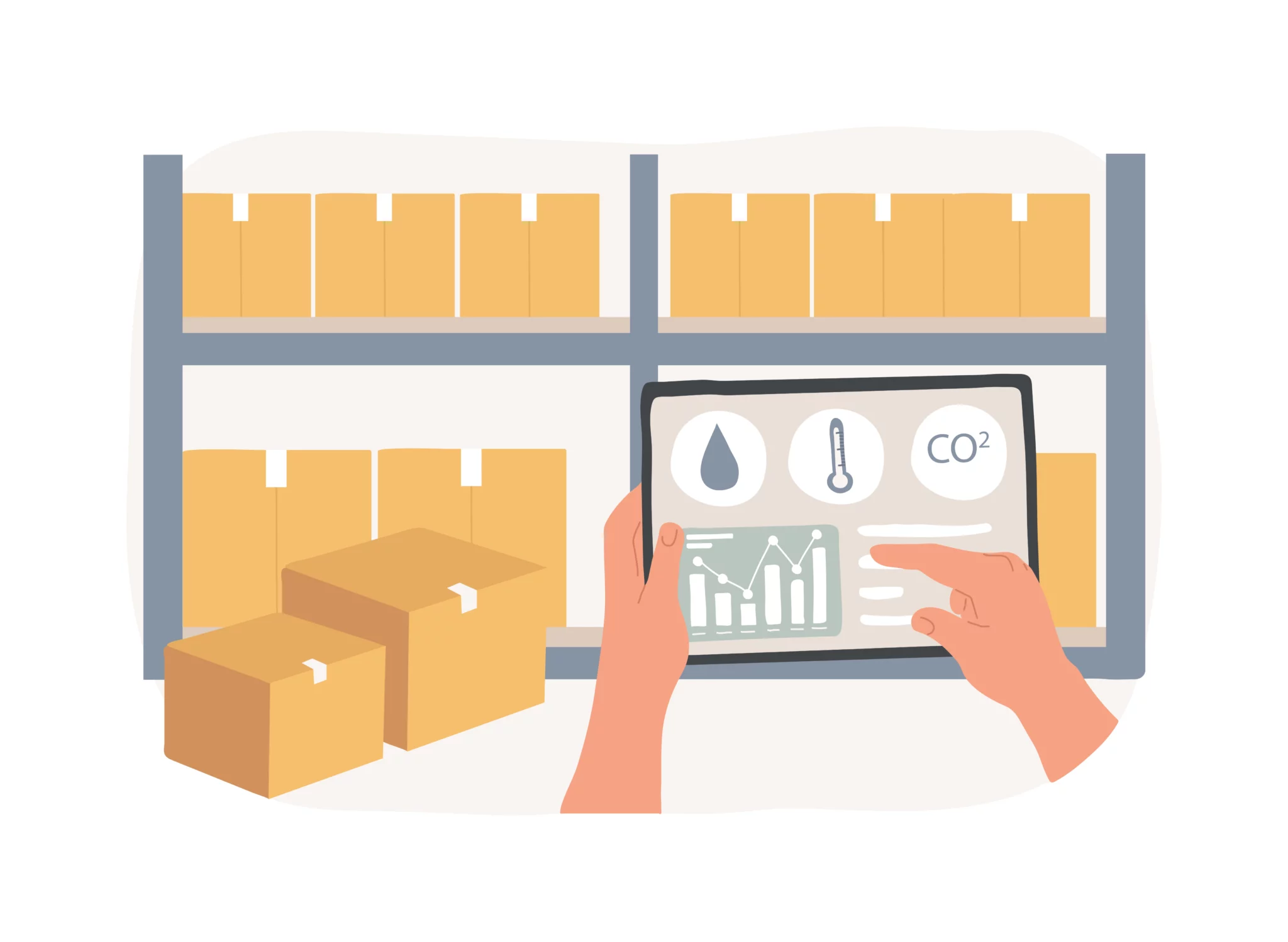 Schéma tablette en entrepôt afin de vérifier diverses données liées au stockage de produits sensibles comme la température ou l'humidité